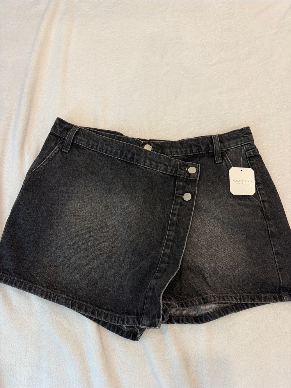 Altar'd State Washed Black Wrap-Front Denim Shorts